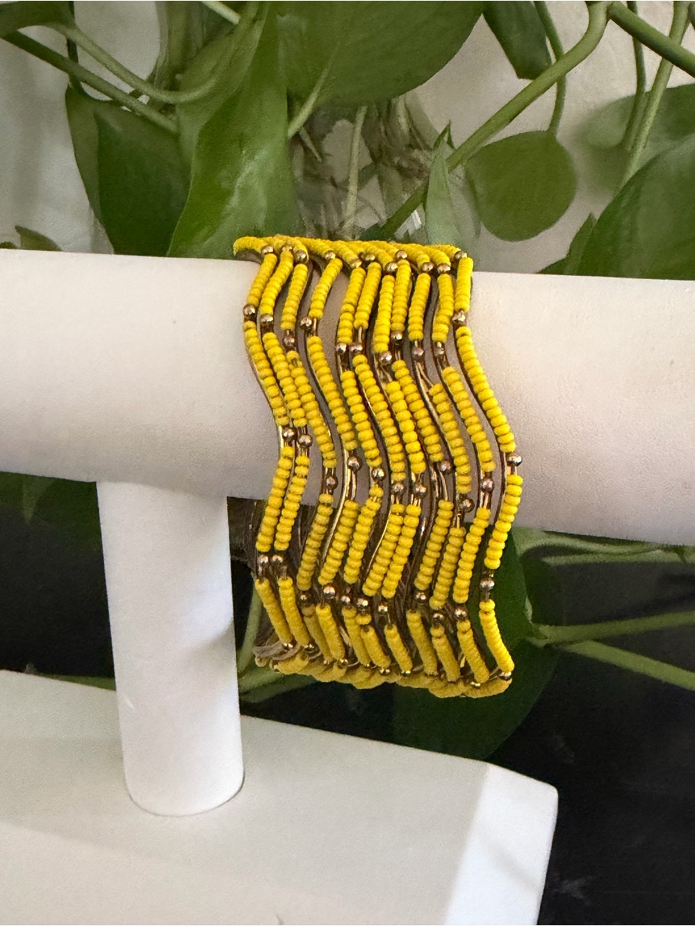 Vintage Yellow & Gold Seed Bead Puzzle Fitted Bangle Bracelet Set 11